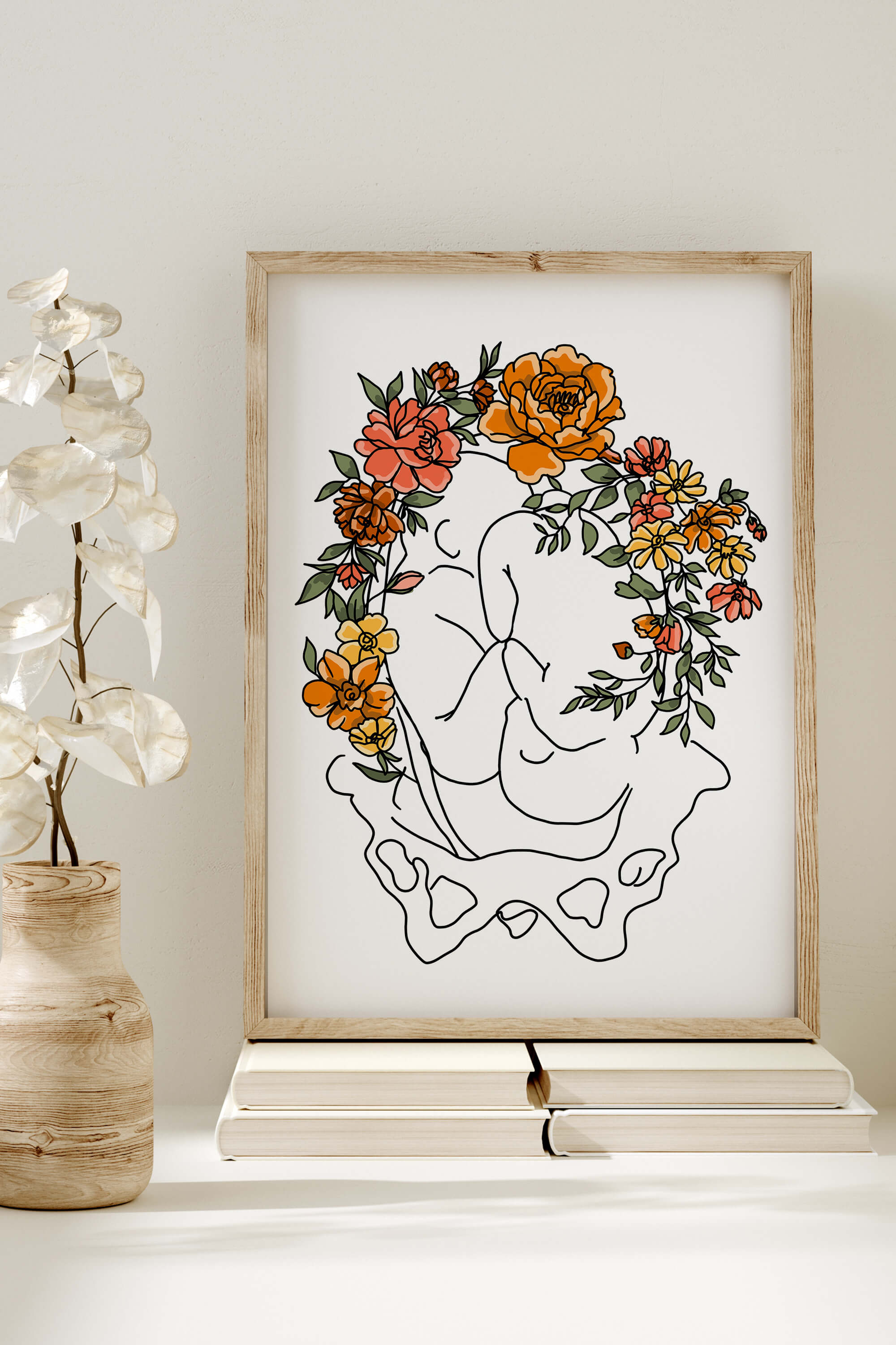 A thoughtful gift for midwives, this art print showcases a delicate floral uterus design. The intricate details and harmonious blend of nature and anatomy make it a perfect expression of gratitude and celebration.