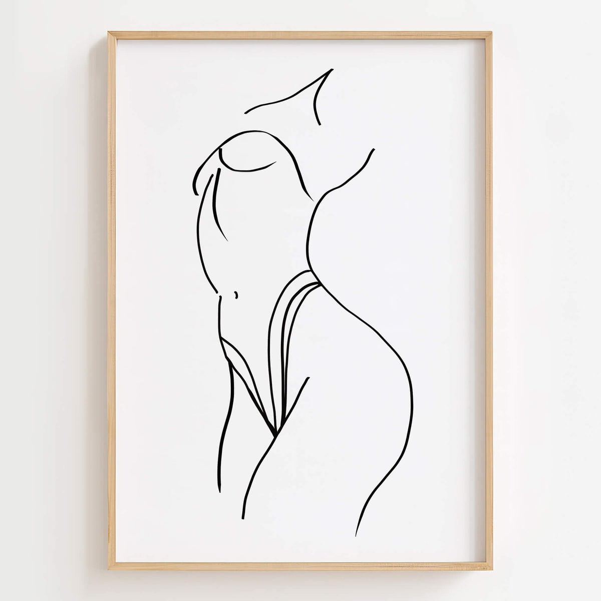 Minimalist Female Body Form Line Art Print displayed in a modern bedroom, adding sensual elegance to the space.