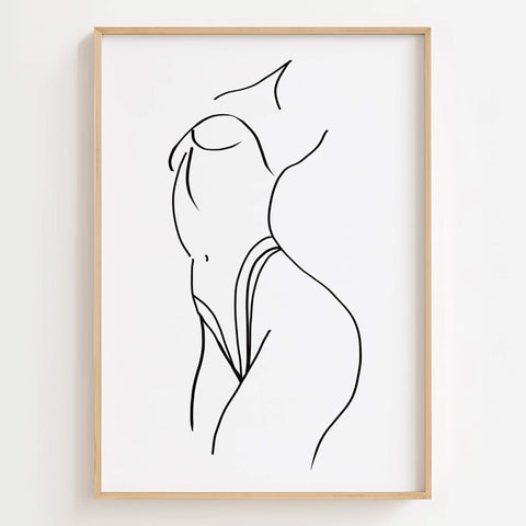 Minimalist Female Body Form Line Art Print displayed in a modern bedroom, adding sensual elegance to the space.