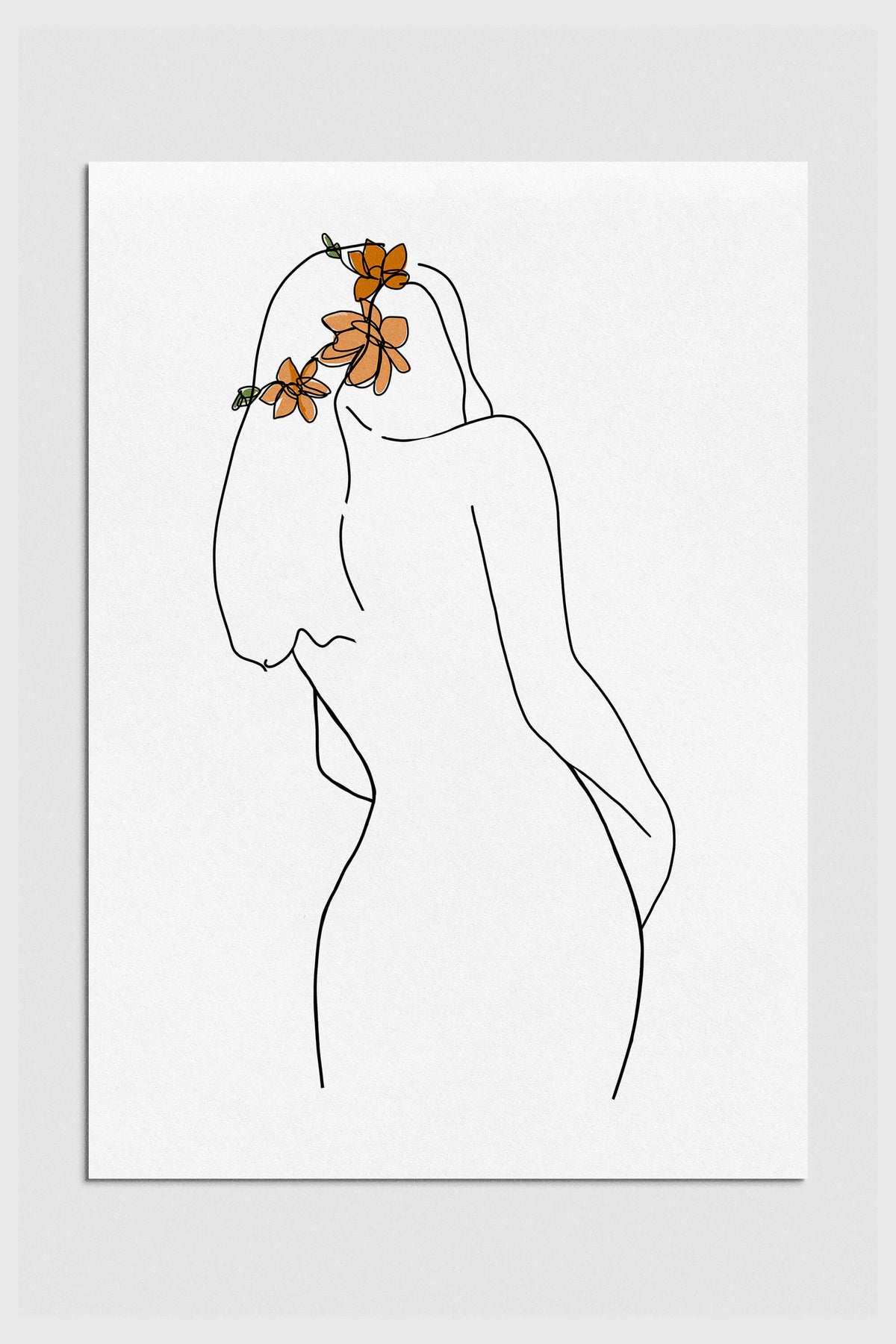 Minimalist line art of a woman's back featuring a flower crown, embodying elegant home decor.