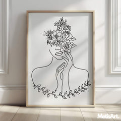 Monochrome portrait of a woman with a floral head, botanical line art style.