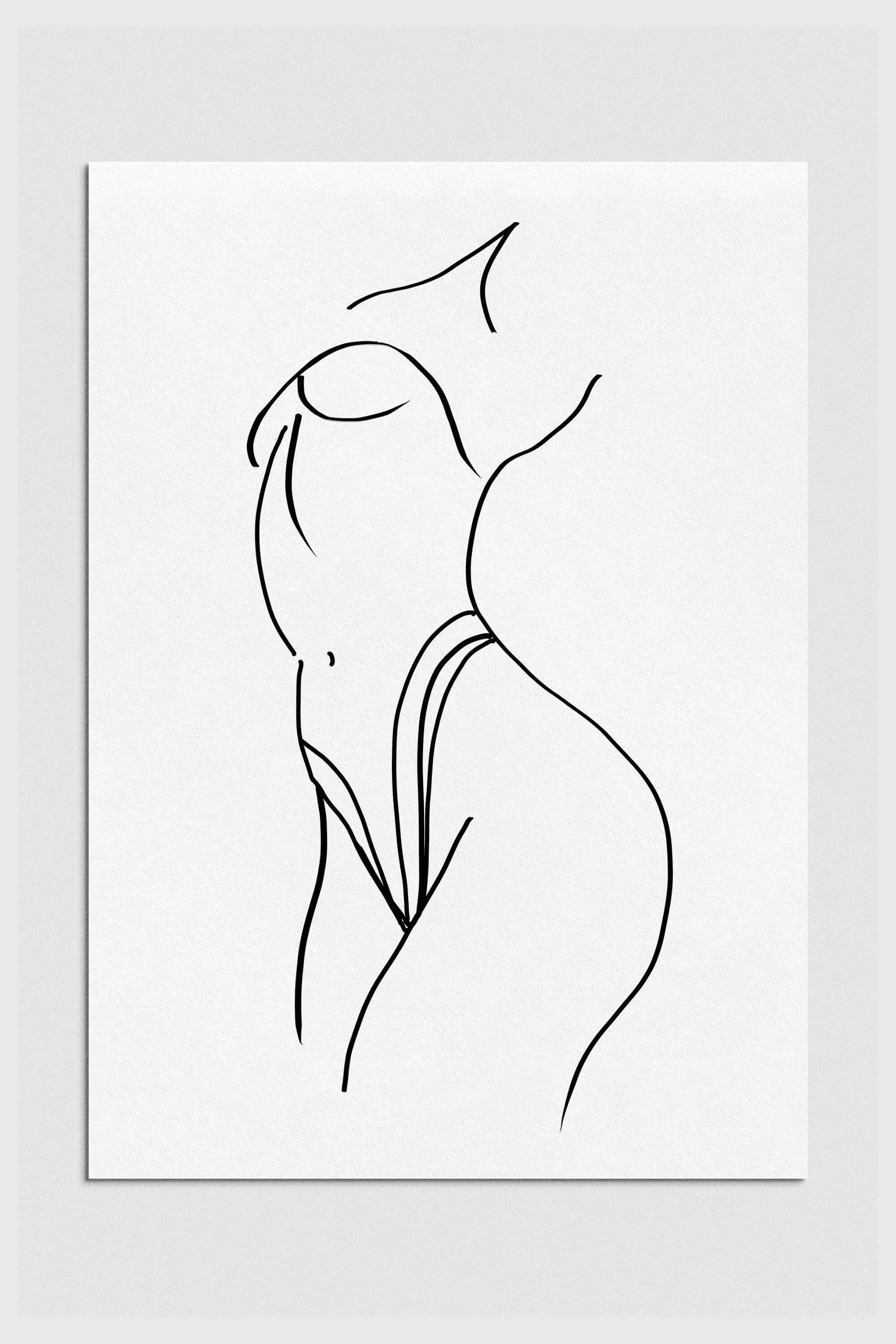 Black and white minimalist line drawing of a woman's silhouette, celebrating femininity and strength. The clean lines and simplicity add a touch of modern sophistication. Perfect for lovers of elegant and contemporary wall art.
