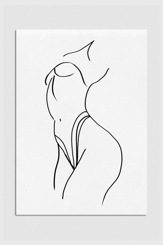 Black and white minimalist line drawing of a woman's silhouette, celebrating femininity and strength. The clean lines and simplicity add a touch of modern sophistication. Perfect for lovers of elegant and contemporary wall art. 2000