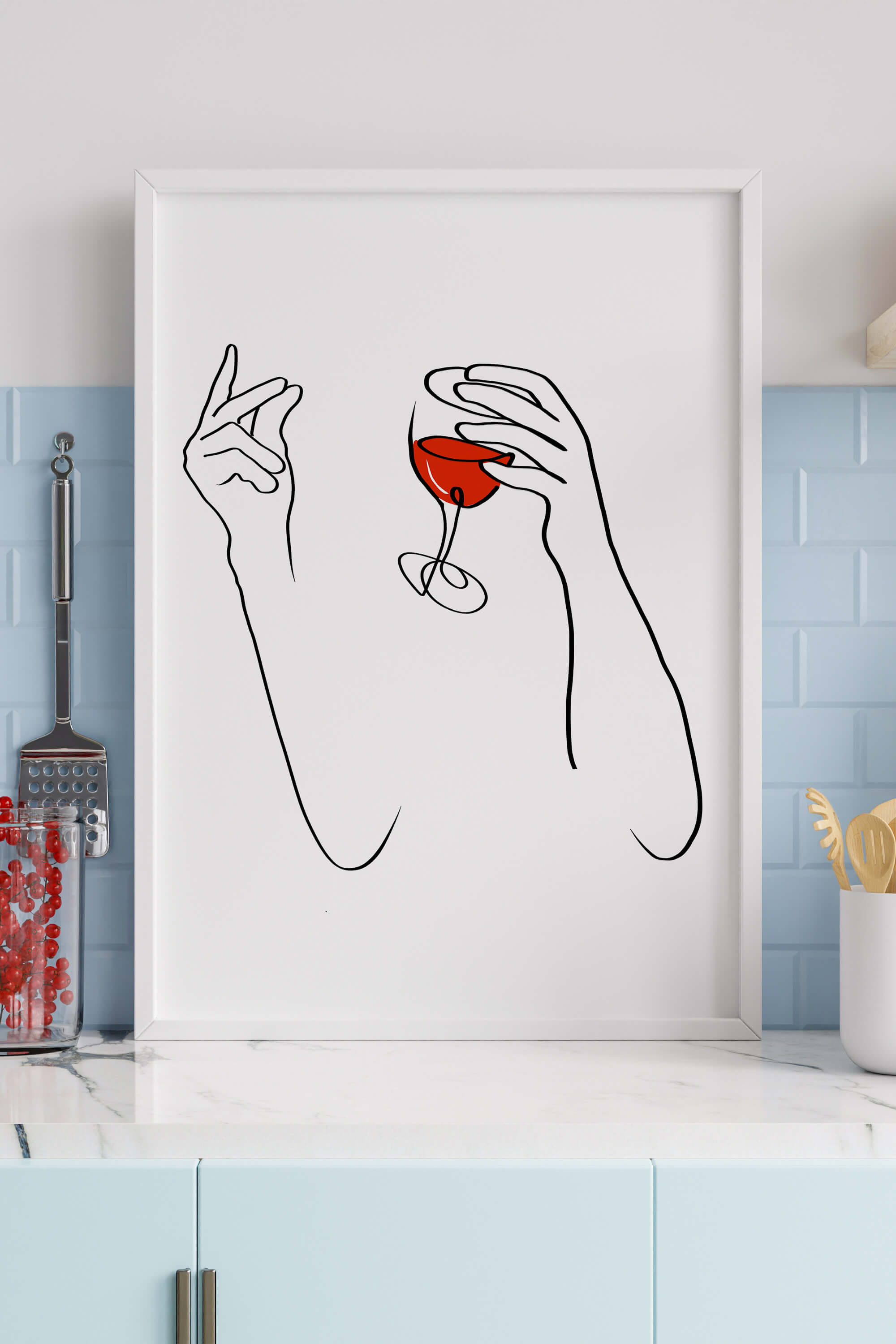 Modern bar cart art showcasing a stylish woman with a glass of wine, a chic addition to any home bar.