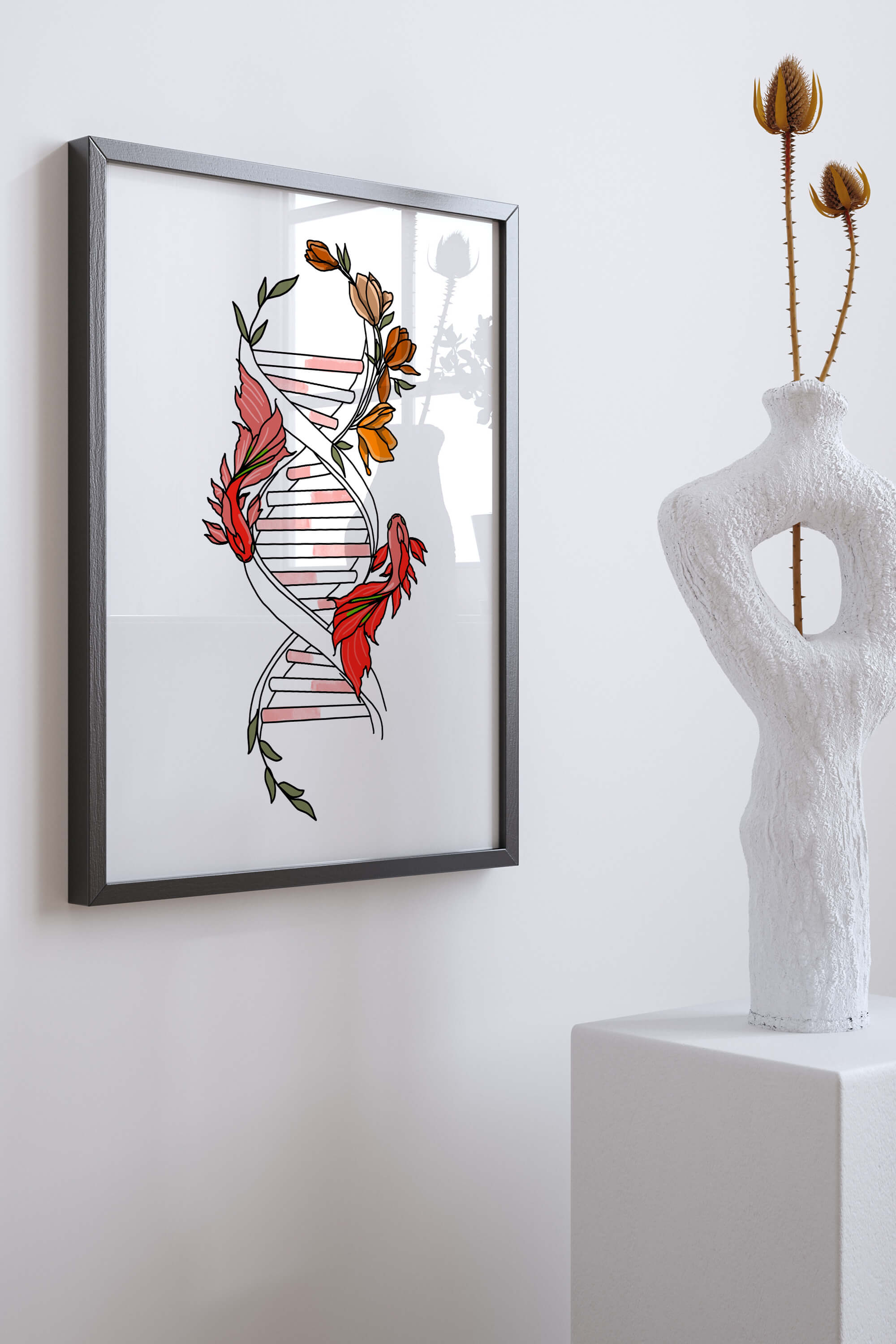 Modern Biology Classroom DNA Wall Poster that combines scientific imagery with floral aesthetics for a unique educational piece.