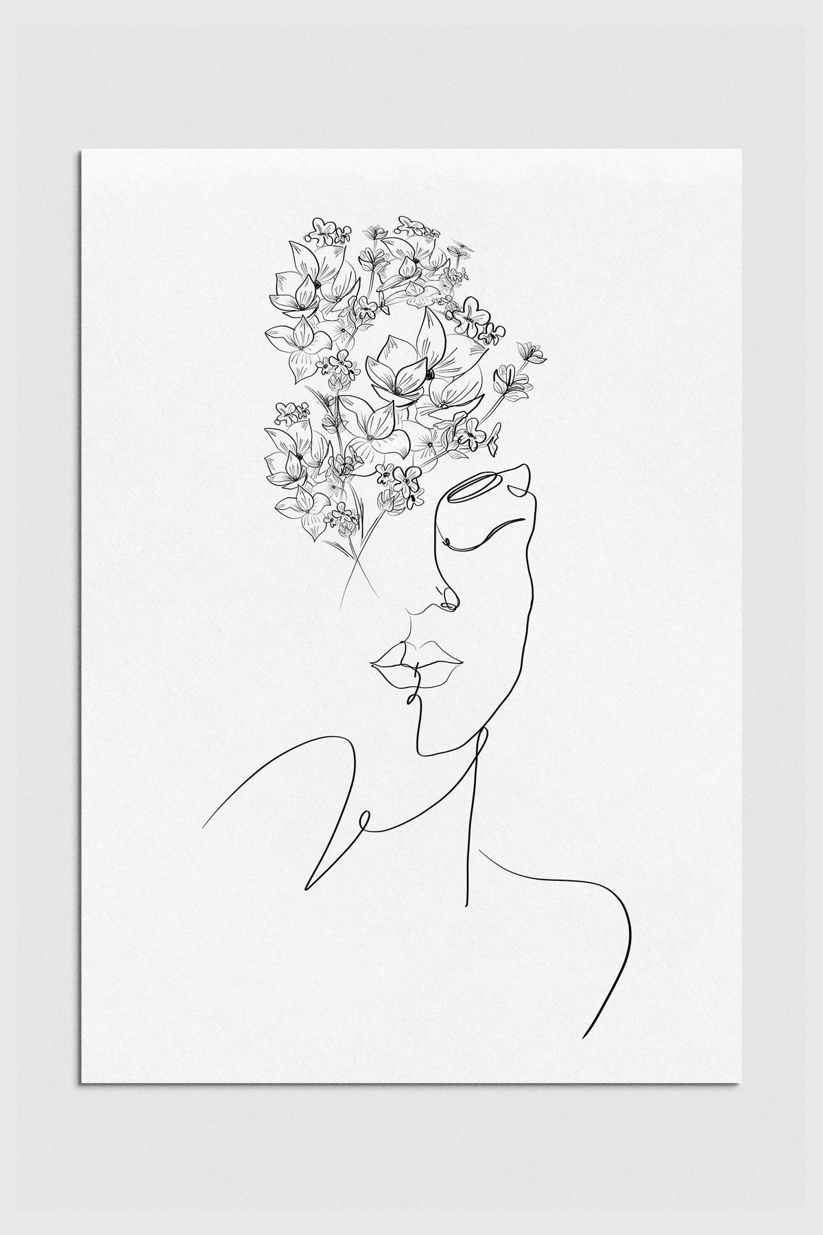 Modern feminine floral head woman portrait art print in chic black and white style, featuring intricate details of flowers and elegant lines - ideal for sophisticated home decor.