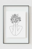 Modern floral art in a woman's line drawing featuring delicate hands and abstract flower elements. The fine details and free-flowing lines create a captivating visual experience.