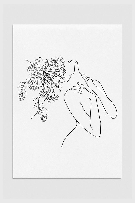 Black and white line art print featuring a modern floral depiction of a woman's silhouette. Graceful and empowering, this feminist poster blends botanical elements with contemporary elegance. 2000