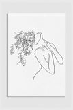 Black and white line art print featuring a modern floral depiction of a woman's silhouette. Graceful and empowering, this feminist poster blends botanical elements with contemporary elegance.