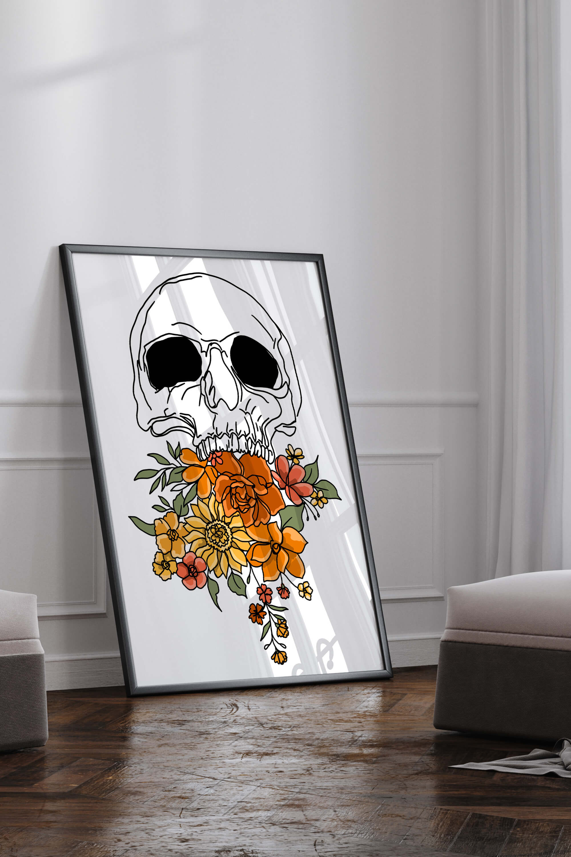 "Modern Floral Skull Line Art Print showcasing the beauty of gothic art with a contemporary flair.
