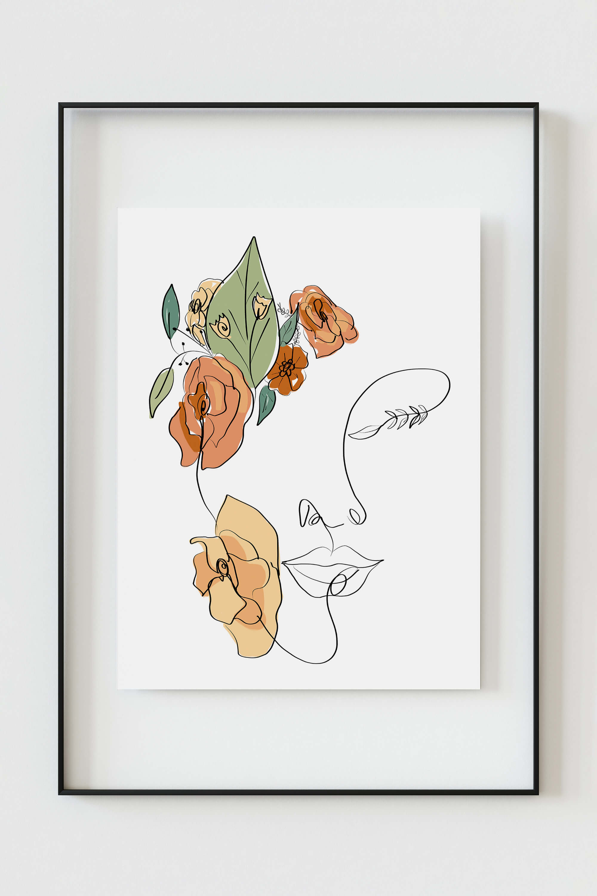 Modern floral wall decor, sophisticated and refined, intertwining striking floral elements with a woman's face, creating an artistic focal point that harmonizes seamlessly with modern aesthetics.