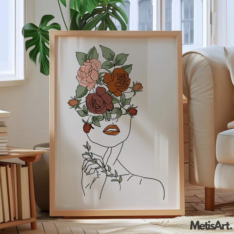 Abstract face art print featuring a woman with flowers and green leaves.