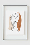 Modern woman line drawing in vibrant colors, ideal for contemporary bathroom wall art.