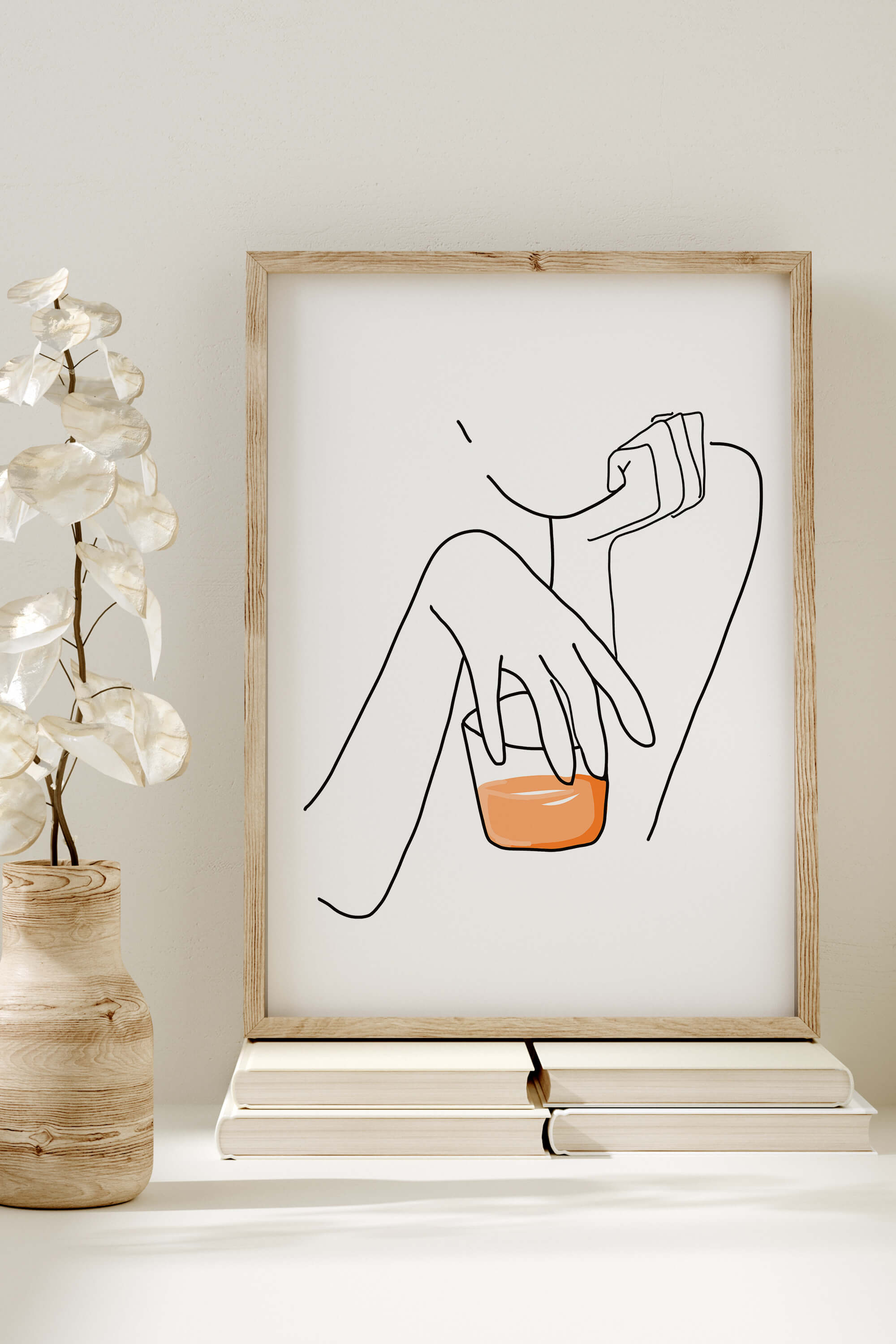 Modern wall art depicting a woman savoring a glass of whiskey, ideal for contemporary home bars.