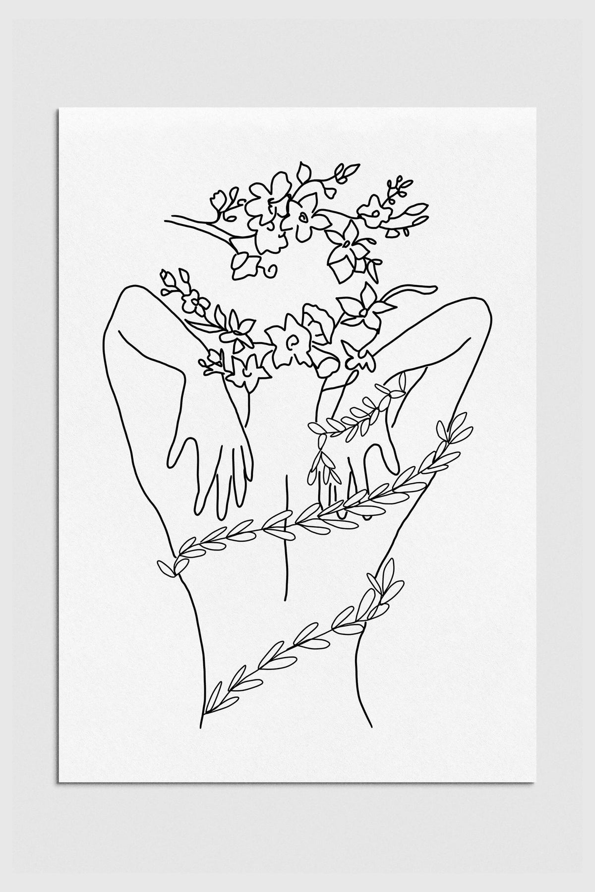Woman's back line art poster featuring vibrant floral details on a black and white palette.