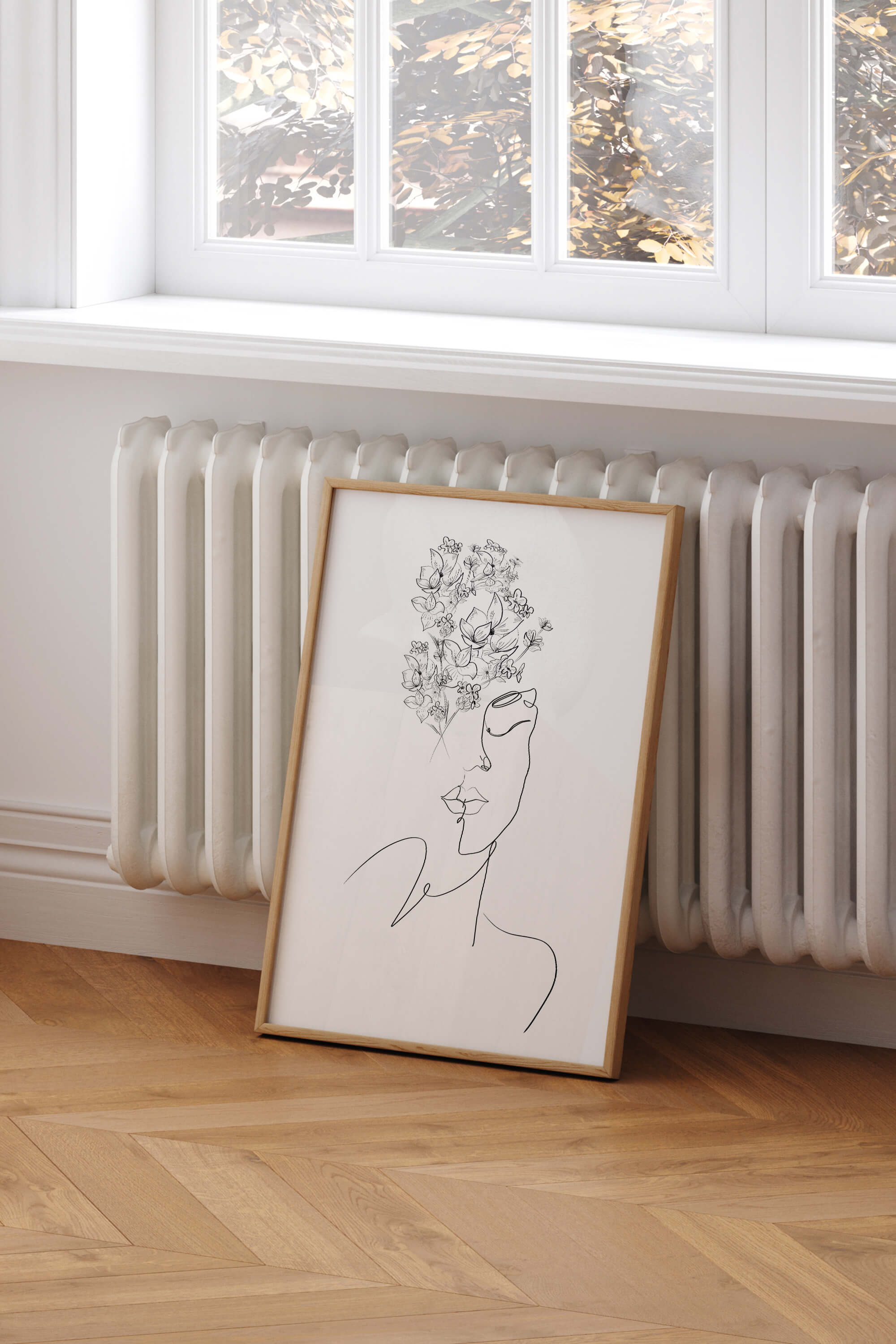 Elegant woman art print with a monochrome palette, featuring captivating floral beauty and a timeless aesthetic - a contemporary and sophisticated piece for stylish home decor.