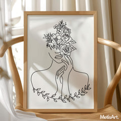 Minimalist woman line art print, black and white with a floral head.