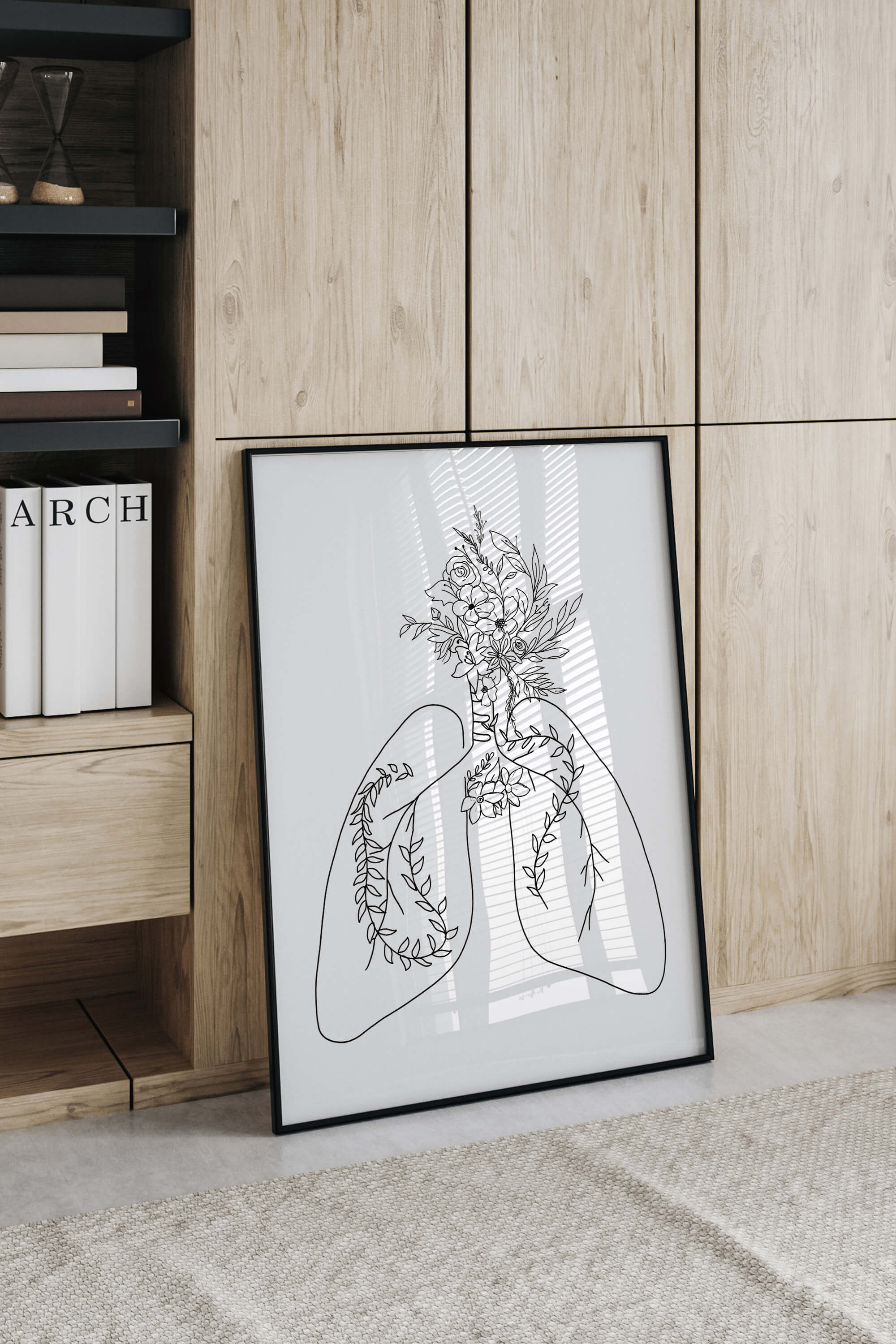 Monochrome floral anatomy art print, showcasing the delicate beauty of flowers intertwined with anatomical details. A sophisticated and timeless addition to your art collection.
