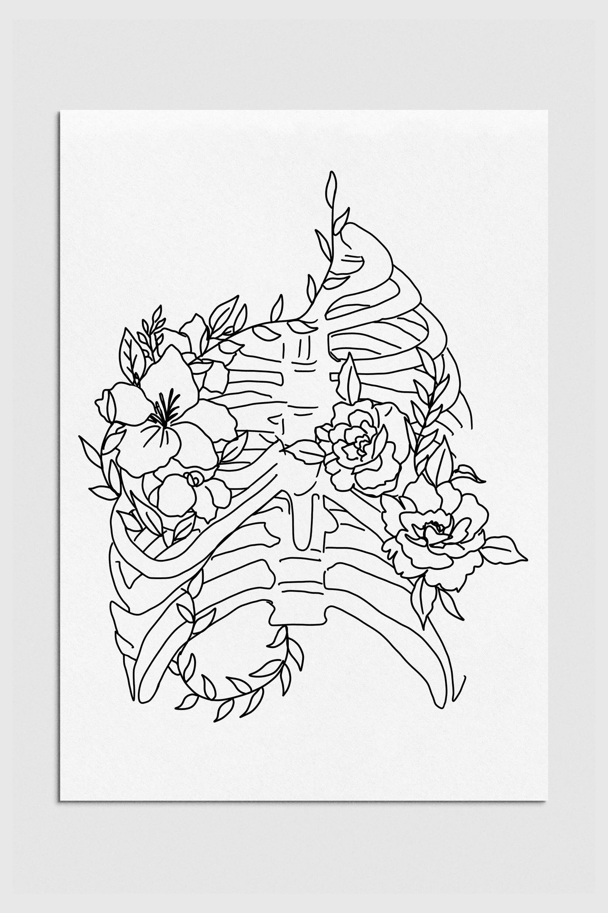 Elegant monochrome floral anatomy art print designed for therapy offices. Delicate skeletal beauty entwined with blooming flowers on canvas. Perfect for creating a calming and harmonious atmosphere.
