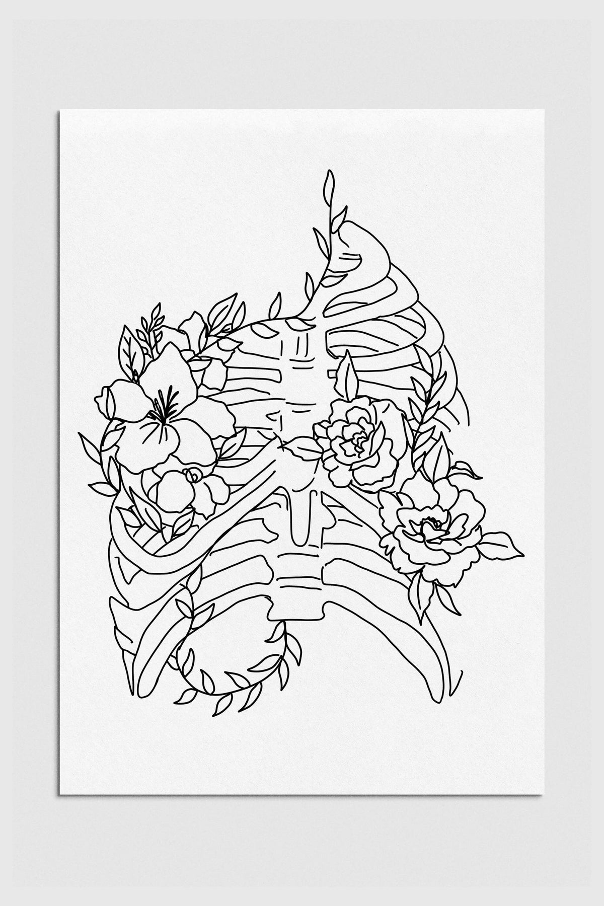 Elegant monochrome floral anatomy art print designed for therapy offices. Delicate skeletal beauty entwined with blooming flowers on canvas. Perfect for creating a calming and harmonious atmosphere.