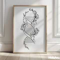 Close-up of floral DNA line art drawing, showcasing intricate details and nature-inspired design.