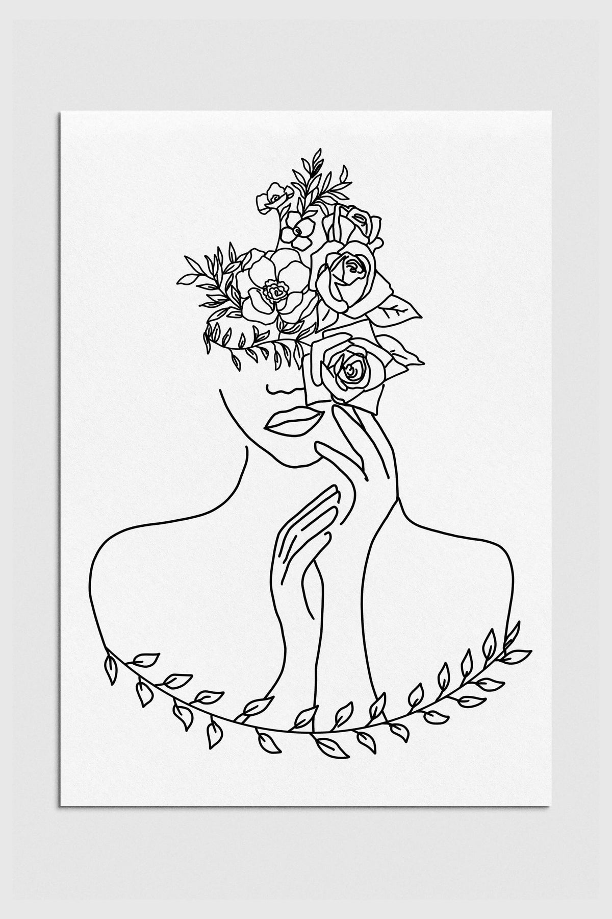 A captivating monochrome art print featuring an elegant line drawing of a woman adorned with intricate floral details. The minimalist yet detailed design adds a touch of sophistication to any space.