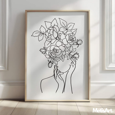 Monochrome floral head woman line art in a living room, creating a sophisticated and nature-inspired atmosphere.