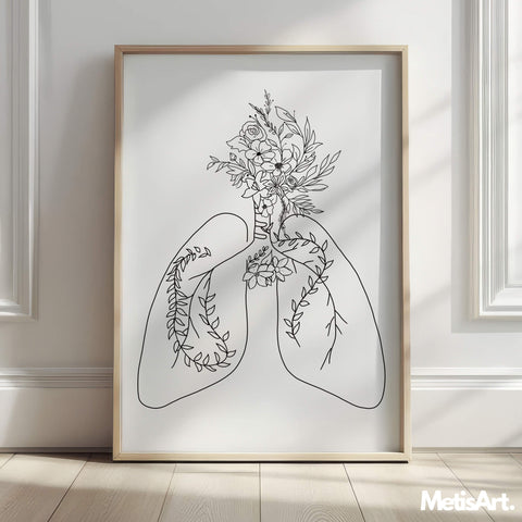 Monochrome floral lungs poster hanging in a medical office, creating a meaningful and empowering atmosphere.