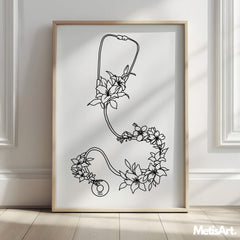 Close-up of floral stethoscope line art drawing, combining medical symbolism with delicate floral details.