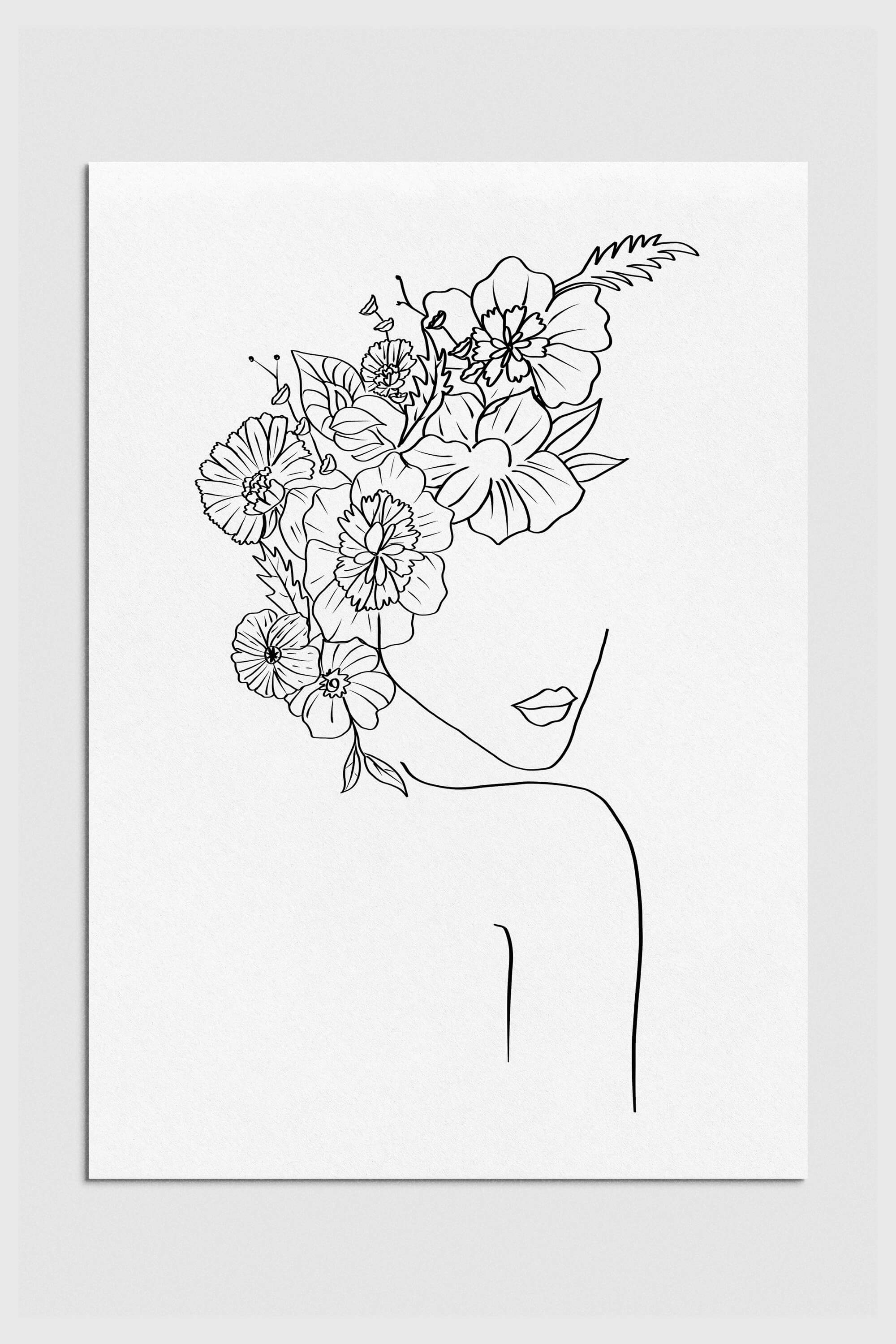Elegant monochrome floral woman art print featuring a graceful female portrait surrounded by intricate botanical elements. Timeless black and white design for chic wall decor.