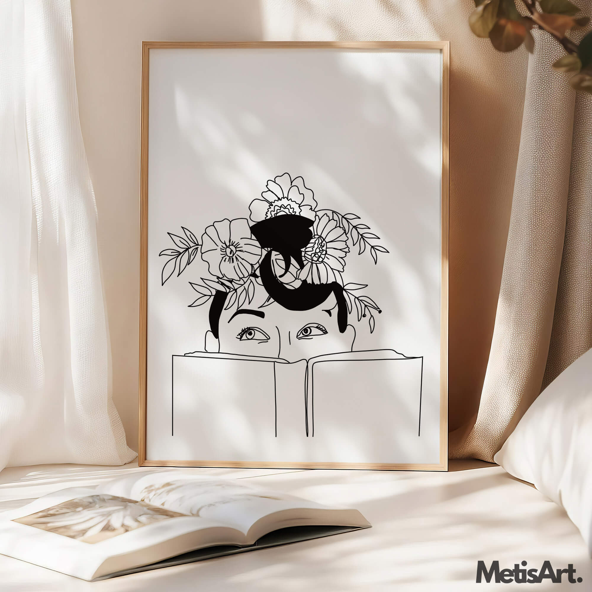 Monochrome flower head woman reading book art in a bedroom, creating a peaceful and creative atmosphere.
