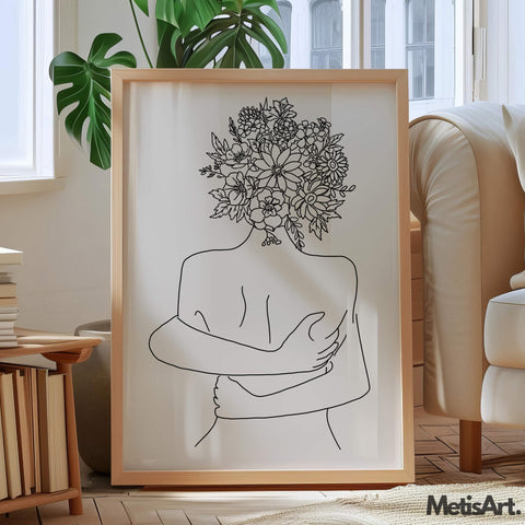 B/W floral head woman art print: woman hugging herself, flowers, line art.