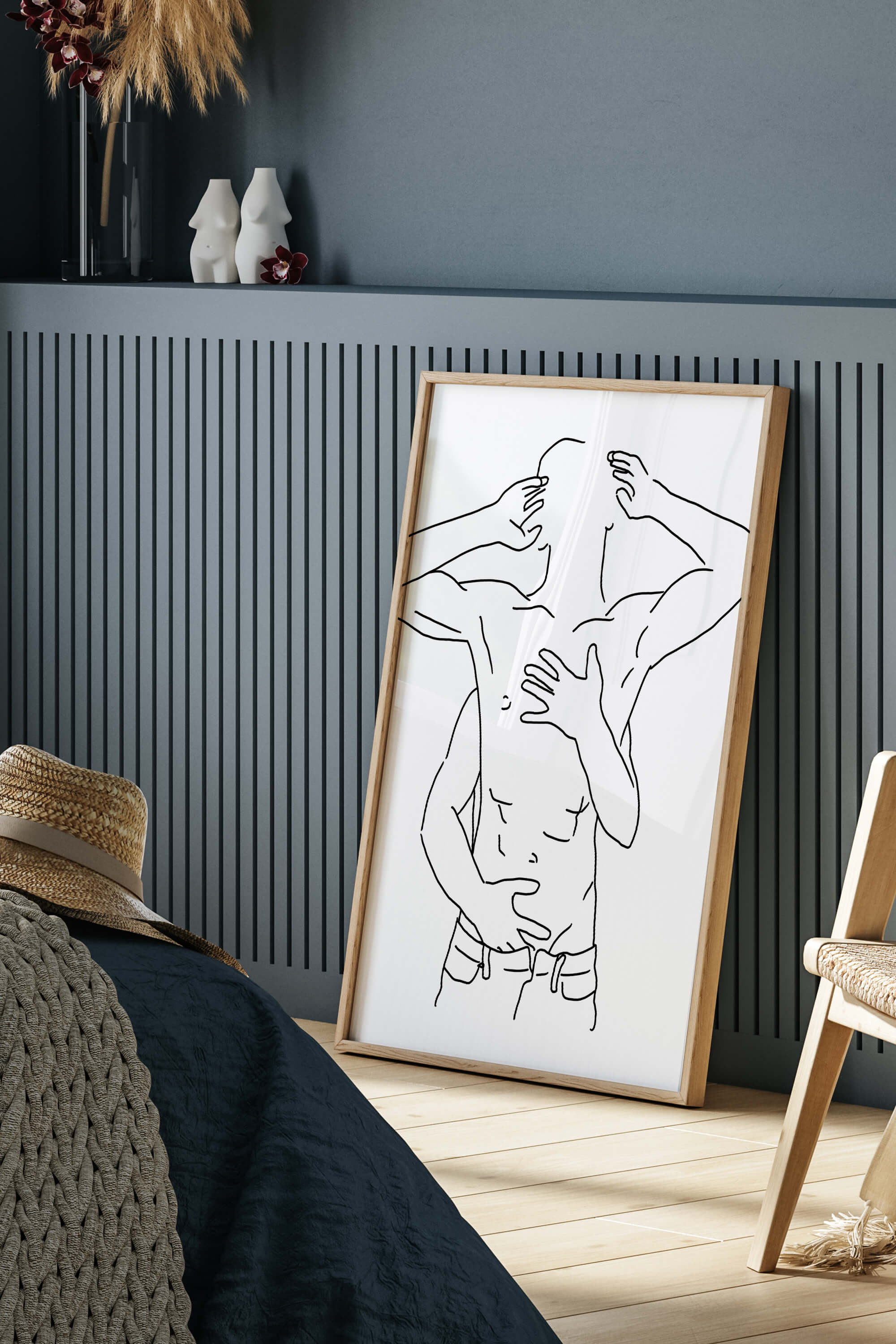Conquer today with the monochrome magic of this men's couple line art. A visual journey into love and elegance, this print transforms spaces, creating an atmosphere of acceptance and warmth.