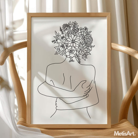 Black and white single line drawing: woman hugging self, floral head, minimalist.