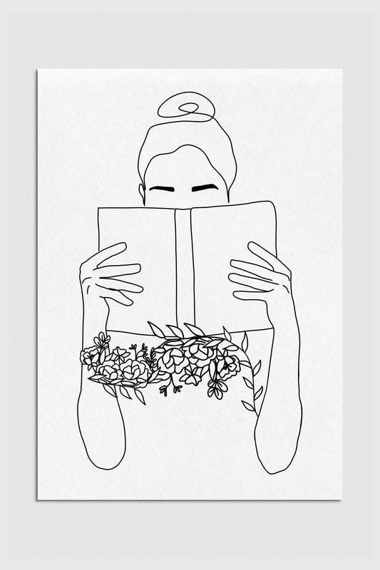 Monochrome serenity art print featuring an elegant woman engrossed in a book amid floral elements. Black and white aesthetic with captivating simplicity, perfect for sophisticated wall decor. 2000