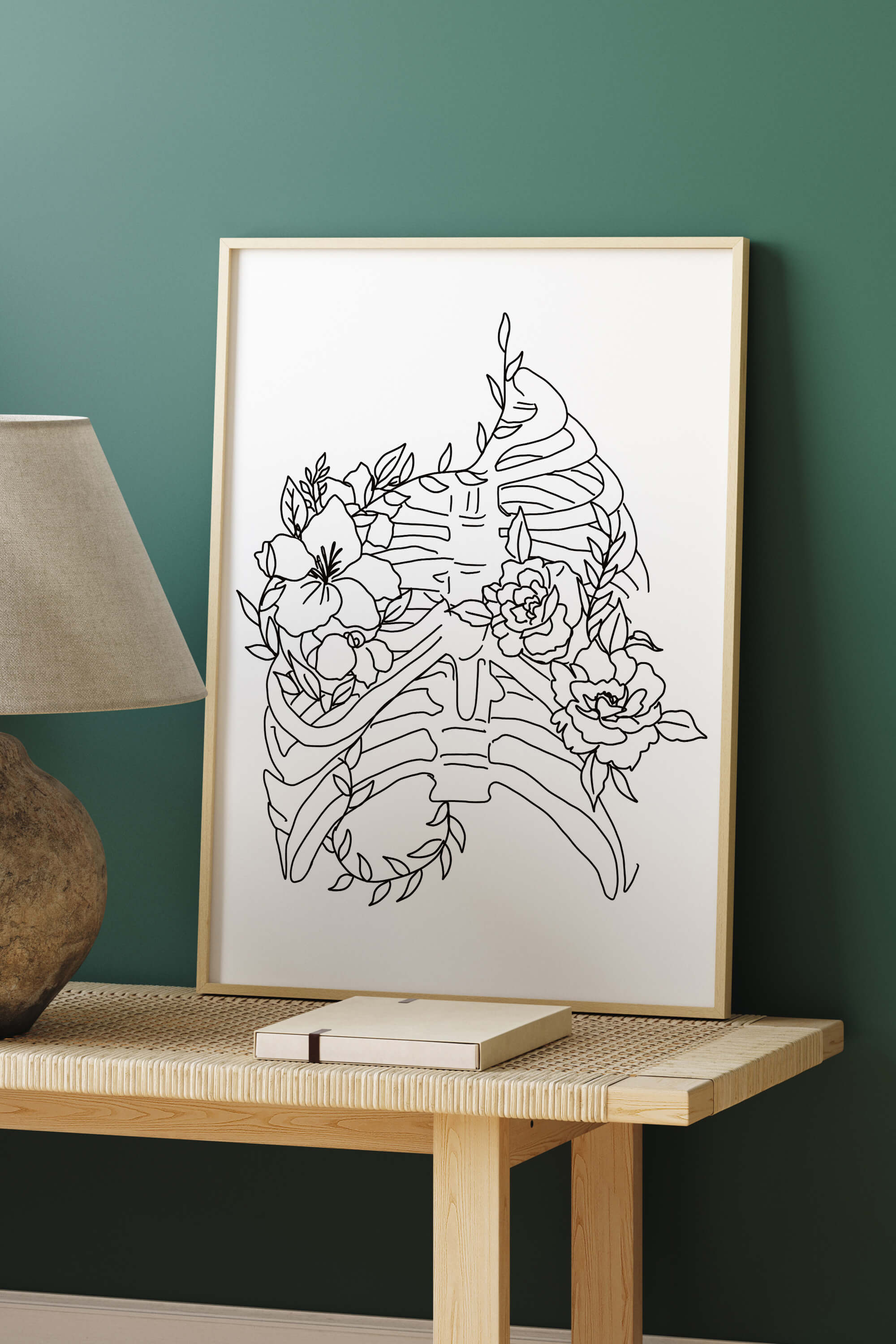Therapeutic monochrome art print, seamlessly integrating skeletal elegance with floral elements. Promotes tranquility and reflection in any space. 