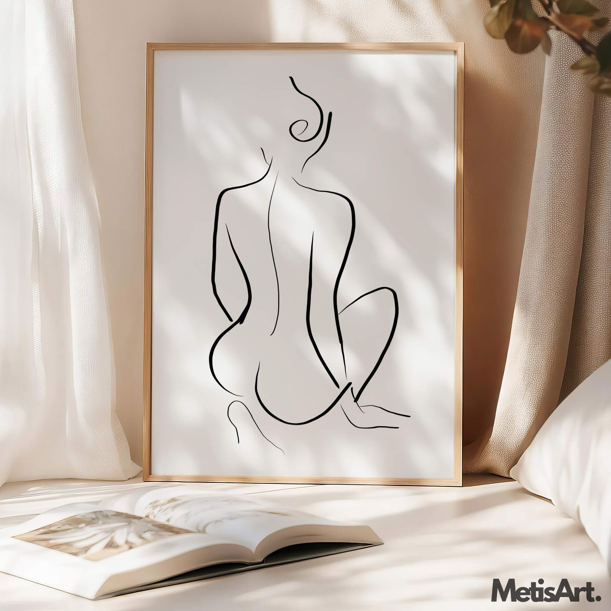 Monochrome woman back art hanging in a bedroom, creating a serene and empowering atmosphere.