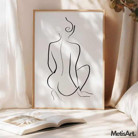 Monochrome woman back art hanging in a bedroom, creating a serene and empowering atmosphere.
