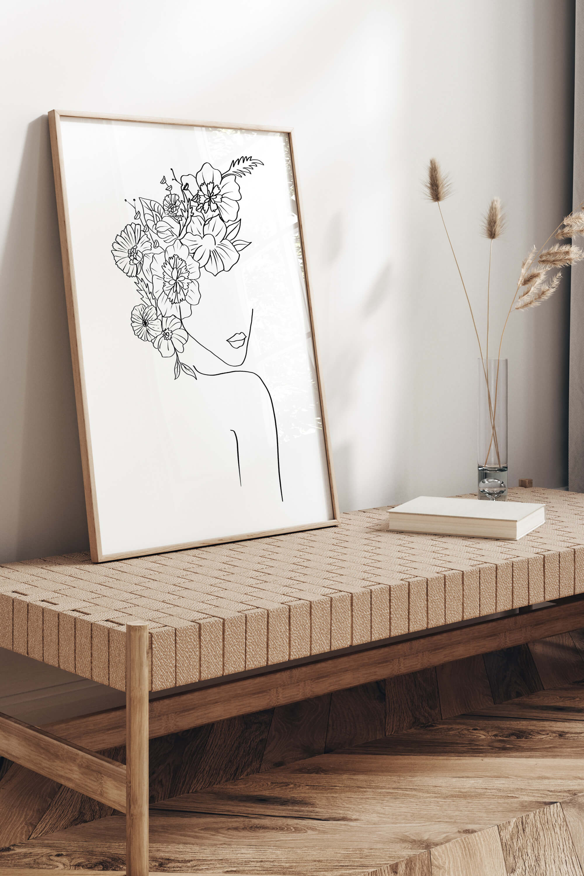 Explore the mysterious beauty of this flower head artwork. Vibrant and captivating, the image features a woman with floral elements, creating a unique and eye-catching wall decor piece.