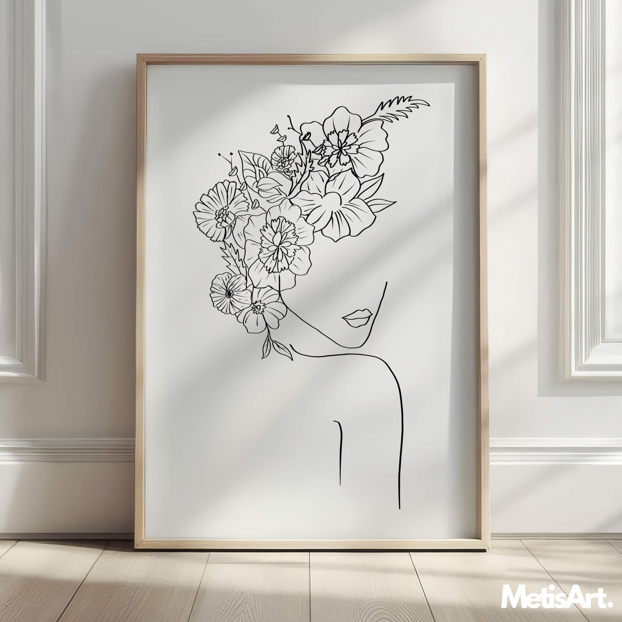 Close-up of flower head woman line art drawing, capturing the delicate beauty of the female form and floral elements.