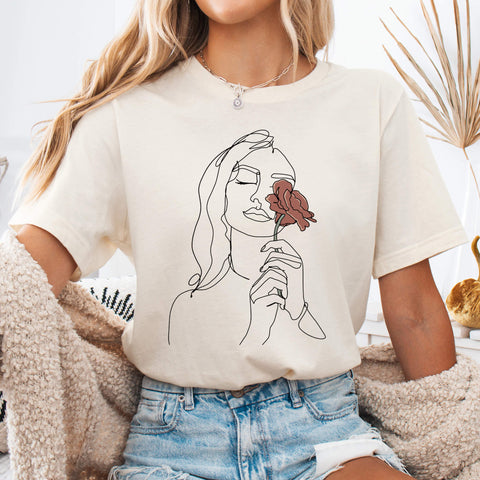 Natural Elegant Woman with Rose Line Art T-Shirt