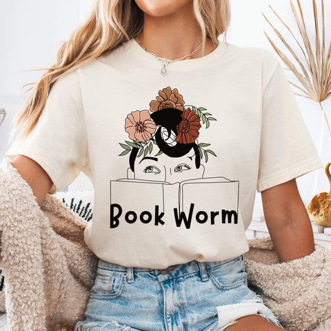 Natural Floral Book Worm Line Art T-Shirt