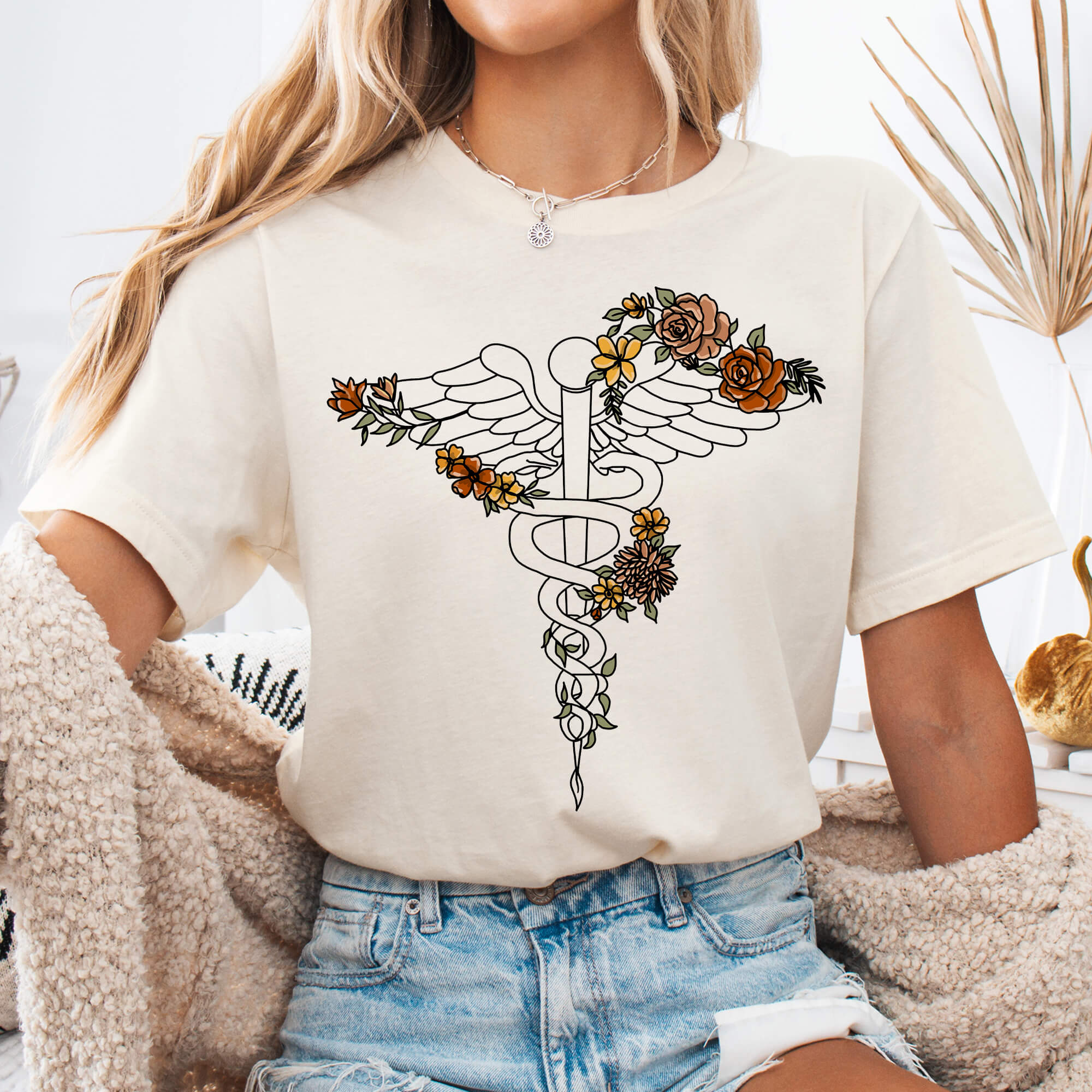 Natural Floral Caduceus Medical Symbol T-Shirt
