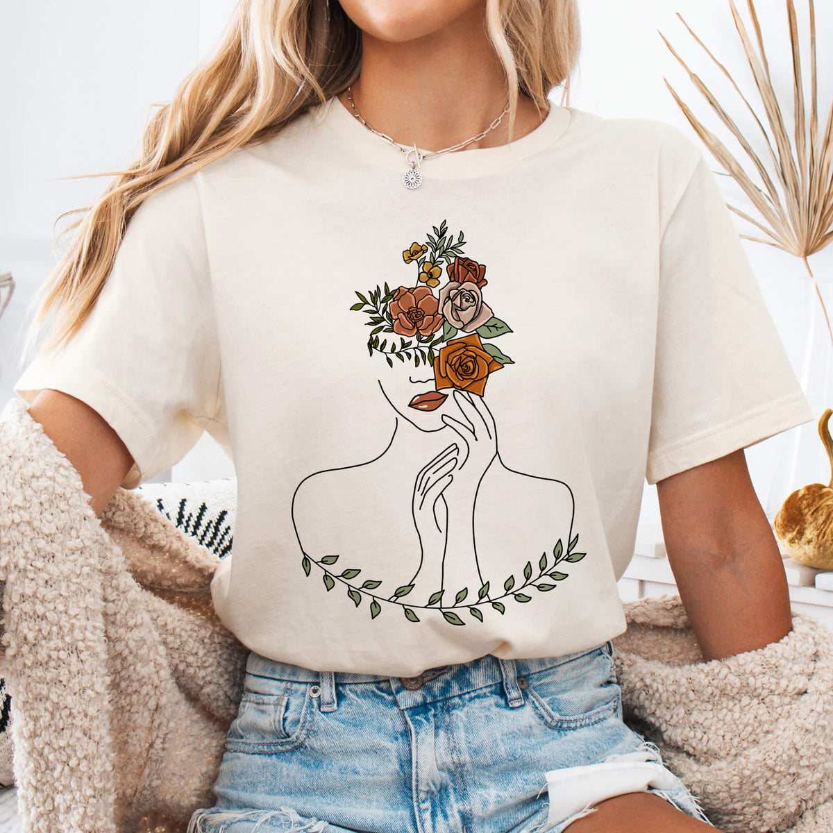 Natural Woman & Flowers Line Art T-Shirt