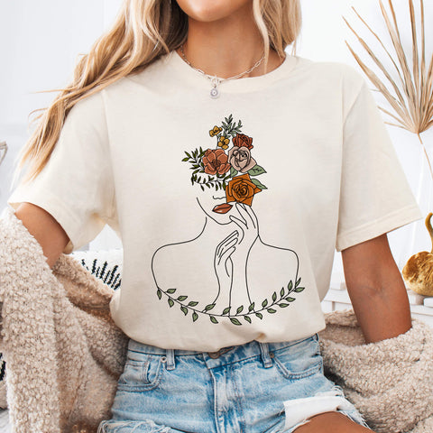 Natural Woman & Flowers Line Art T-Shirt