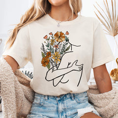 Natural Self Love Floral Hug Line Art T-Shirt