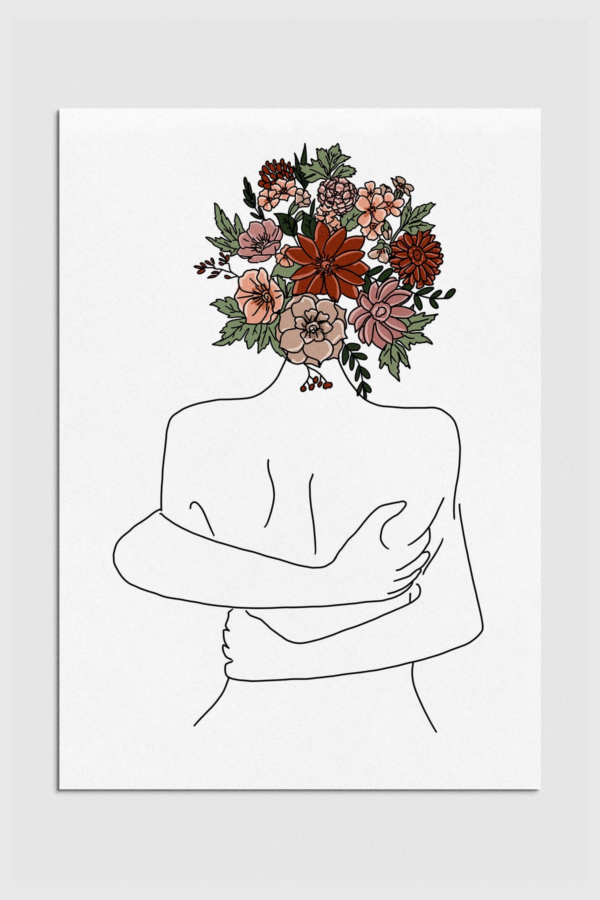 A captivating line art print featuring a romantic couple surrounded by abstract floral elements. The minimalist style and unique flower-headed figures evoke a sense of love and mystery. Perfect for bedroom wall decor, adding warmth and connection to your space.