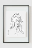 Explore romantic minimalism with this black and white art print. Delicate depiction of a woman holding a rose, combining grace and timeless elegance in a unique visual story.
