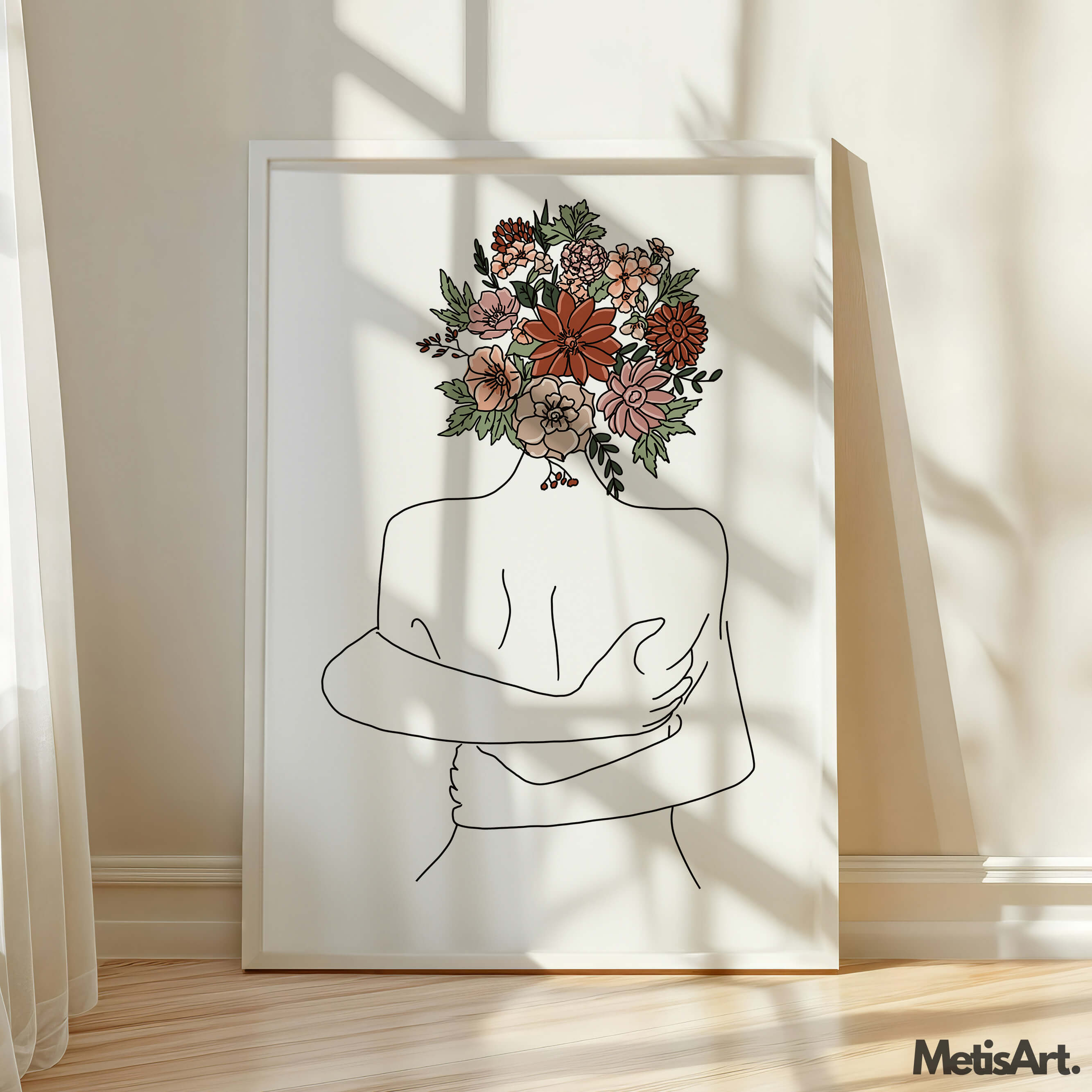 Line art print illustrating self-care with a woman hugging herself and a head of flowers.