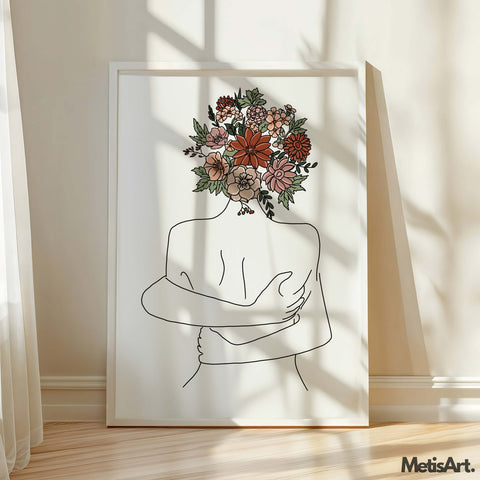 Line art print illustrating self-care with a woman hugging herself and a head of flowers.